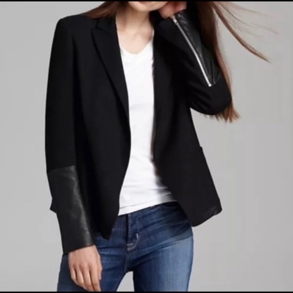 Theory Size 4 Antonito Leather-Trimmed Blazer Black Jacket with Leather Accents